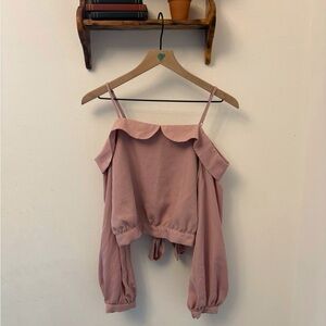 J.O.A. Blush Pink Cold Shoulder Crop Top Tie Back Balloon Sleeves Size M